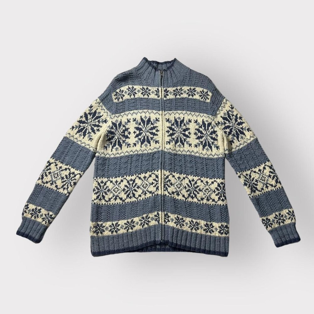 Vintage 90s blue/cream Jones New York snowflake winter zip-up cardigan sweater